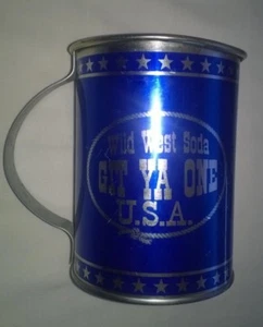 Western Tin Cup Mug Wild West Soda Blue color outlaw stars over 5 inches tall  - Picture 1 of 10