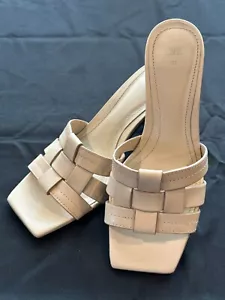 ZARA Sandals Beige Leather Woven Open Square Toe Slide Block Heel Sz EU38/US7.5 - Picture 1 of 7