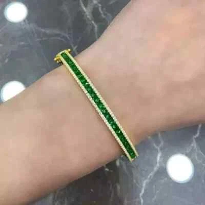 6 CT Princess Lab Created Emerald Diamond Bangle Bracelet 14KYell Gold Plated 7” - Image 1 of 3