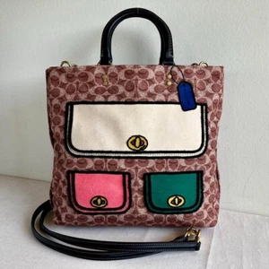 Auth Coach Rogue Trompe L'oeil Tote Bag 2Way Brown Multicolor From Japan - Picture 1 of 15
