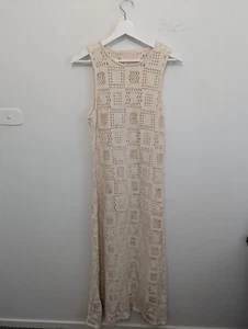 Albus Lumen Dress Womens 12 Beige Cotton Sleeveless Crochet Knit Midi Casual - Picture 1 of 10