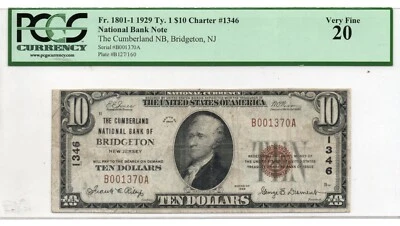 $10 1929 Bridgeton New Jersey NJ National Currency Bank Note Bill #1346  VF - Image 1 of 2