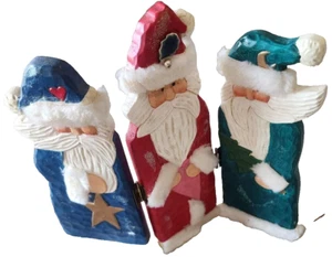 Wooden Santa Claus tri-fold screen decore. 1990s 9.5" x 8.5" / folds for storage - Picture 1 of 8