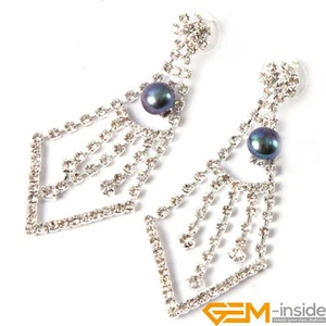 Natural Pearl Earrings Charms Rhinestones Vintage Silver Dangle Jewelry Gift Set - Picture 1 of 10