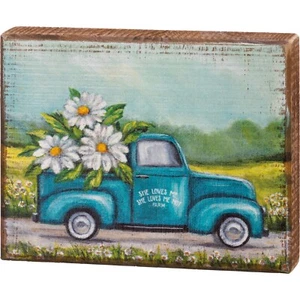 Wooden Box Sign - Blue Pickup Truck & Daisies She Loves Me She Loves Me Not Farm - Picture 1 of 4