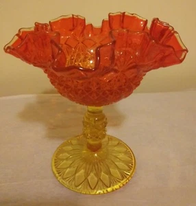 Vintage Amberina Glass Pedestal Candy Dish Ruffled Edge Clear Crest Glows EUC - Picture 1 of 6