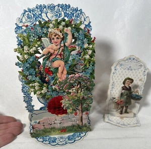 2 Germany Vtg Dimensional  Valentines 1900s Cupid Wings Swinging Vine Farmer Boy - Picture 1 of 23