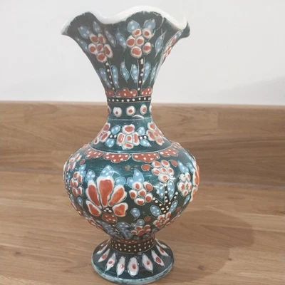 Vintage Rustic Hand Painted  Turkish Kutahya Fluted Neck Vase Embossed finish - Image 1 of 4