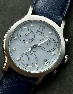 Vtg New 2002 TIMEX Chronograph Women 33mm Quartz Watch Date SS Blue MOP Diamonds - image 1 of 4