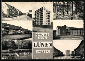 AK Lünen /Westf., Hochhaus, Bebelstraße, Schloss Schwansbell, Bebelschule 1964  - Picture 1 of 2