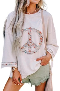 Womens Long Sleeve Tops Floral Peace Symbol Drop Shoulder Sweatshirt Crewneck... - Picture 1 of 6