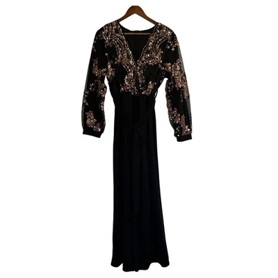 Mono para mujer negro con lentejuelas manga malla pierna ancha lazo cintura noche formal Foto 1 de 4