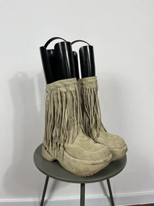 Avant-Garde Beige Suede Platform Boots with Long Dangling Fringe Trim - Picture 1 of 17