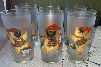 SET OF 6 VTG CULVER FROSTED GLASS TUMBLERS 22K GOLD CHRISTMAS TEDDY BEARS 6" - Image 1 of 4