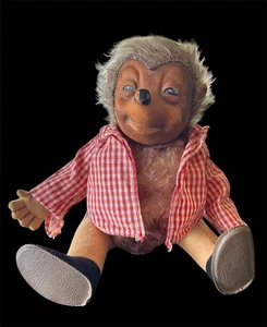 Camisa de peluche a cuadros Steiff 10" Hedgehog Mecki vintage de los años 50 - Imagen 1 de 9