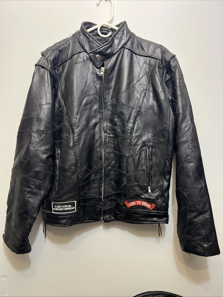 男式钻石板 Live To Ride 拉链衬里摩托车骑手皮革夹克-L — 第 1/2 张图片