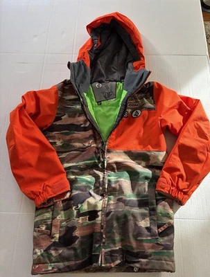 Volcom Youth XS Long Camo Orange Insulated Hooded Ski/Snowboard Jacket - Image 1 of 4