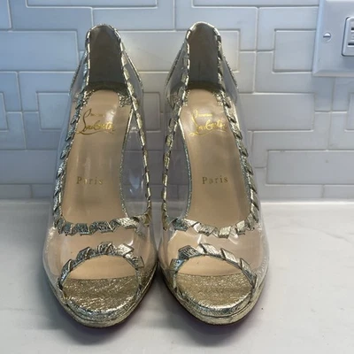CHRISTIAN LOUBOUTIN metallic gold and clear peep pump 38 1/2 great holiday shoe  - Image 1 of 4