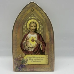 Sacro Cuore Gesù Decorativo Dipinto Bordo Oro Porcellana Trinket Vintage 8,5”x 5” - Foto 1 di 6