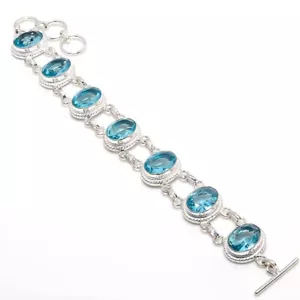 Aqua Aquamarine Gemstone Handmade 925 Sterling Silver Jewelry Bracelet Sz 7-8" - Picture 1 of 1