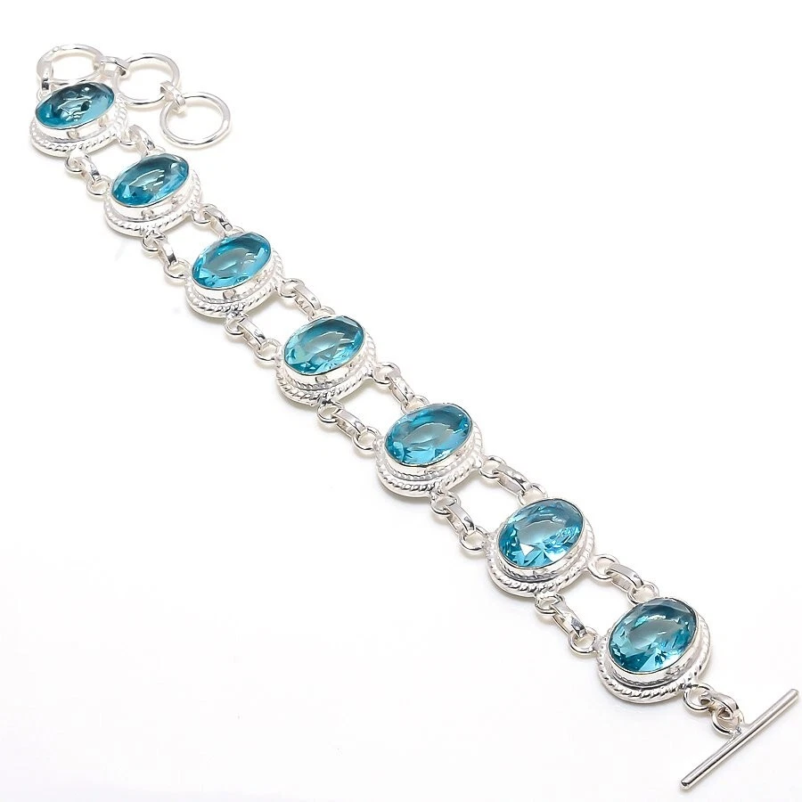 Aqua Aquamarine Gemstone Handmade 925 Sterling Silver Jewelry Bracelet Sz 7-8" - Image 1 of 1