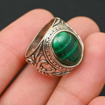 Green Malachite Men's Ring 925 Sterling Silver Handmade-Statement All Size-BJ148 - Image 1 of 3