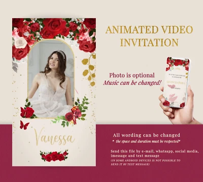 Quinceañera Sweet 16 Video invitation, Red and gold roses and butterflies - Image 1 of 3
