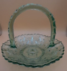 (465) Vintage Green Pressed Glass Basket (Possibly Bagley or Sowerby)