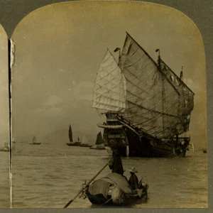 Mar de China: una vela chatarra china - Foto antigua vista estéreo - Imagen 1 de 5