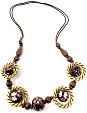 Beige & Brown Floral Print Wooden Round Bead Necklace