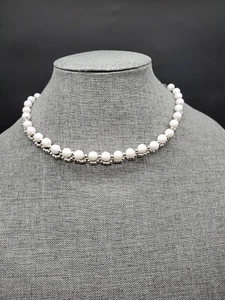 Beaded Collar Choker Necklace Faux Opalescent pearl with silver beads - Picture 1 of 3