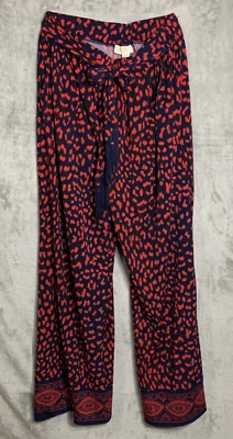 Michael Kors Scarlet Wide Leg Pants Womens M Blue Red Tie Belt Fringe Pockets - Image 1 of 4
