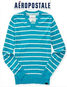 NEU MIT ETIKETT $ 44,50 TOLLER XL AEROPOSTALE BLAU WEISS GESTREIFTER PULLOVER MIT V-AUSSCHNITT 100 % BAUMWOLLE - Bild 1 von 2