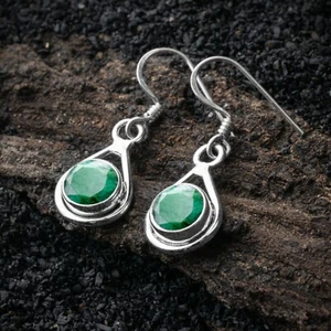 925 Sterling Silver Round Green Emerald Gemstone Drop Dangle Ladies Earrings - Picture 1 of 5