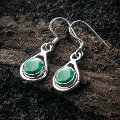 925 Sterling Silver Round Green Emerald Gemstone Drop Dangle Ladies Earrings - Image 1 of 4