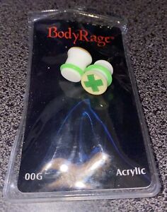 Body Rage Acrylic 00g Gauge White & Green Medical Cross Gauges UNWORN