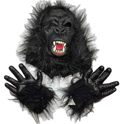 Mono Miedo Negro APE Máscara, MANOS PELUDAS Guantes CONJUNTO Disfraz Halloween TALLA 10 12 Foto 1 de 4