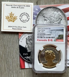 RELOJ CANADÁ 2024 1 OZ PLATA PR-NGC PF70 ULTRA ALTO RELIEVE DÓLAR DE LA PAZ CON ORO FR - Imagen 1 de 3