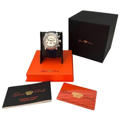 Glam Rock Midsize Miami Diamond Watch 11102D Stainless Steel Navy Patent Strap - Image 1 of 4