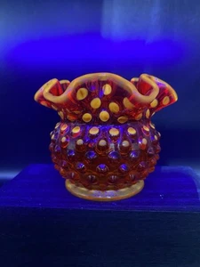 FENTON ORANGE AMBERINA GLASS HOBNAIL ROSE BOWL VASE CADMIUM GLOW - Picture 1 of 9