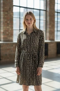 Damen Bedrucktes Hemdblusenkleid Button Down Langarm Midikleid Gürtel Freizeit - Bild 1 von 25