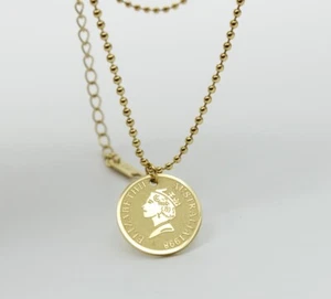Gold Plated Titanium Stainless Steel Queen Elizabeth Gold Coin Necklace 16-18" - Picture 1 of 9