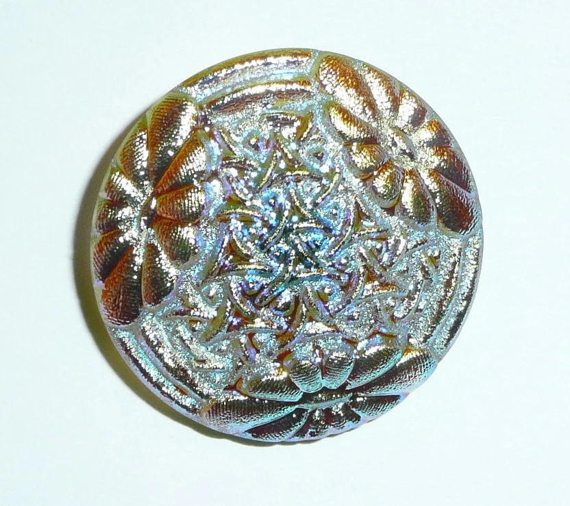 Cute Green Czech Glass Flower w/ Lt Blue Metallic Type Finish Shank Button 27mm - Image 1 of 1