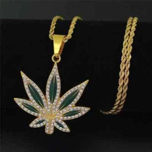 Exquisite Weed Leaf Pendant Necklace Rhinestone Studded Golden Toned Fashion - Picture 1 of 5