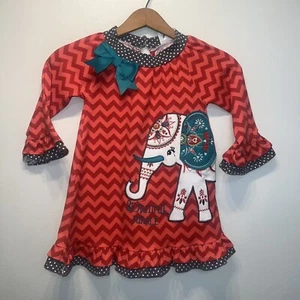 Counting Daisies Girls Orange Teal Long Sleeve Elephant Embroidered Dress Sz 4 - Picture 1 of 9