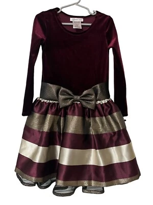 Bonnie Jean Burgundy Stretchy Velvet Top Gold Stripe Metallic Dress Size 5 - Image 1 of 4