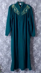 Vintage 80s Robe 1980s Green & Gold Velour Housecoat Grannycore Cozy Size Medium - Picture 1 of 5