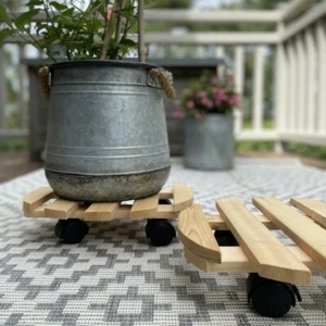 Round Wooden Plant Pot Trolley Movers Flowerpot Planter Caddy (30cm) Set of 2 - Picture 1 of 8