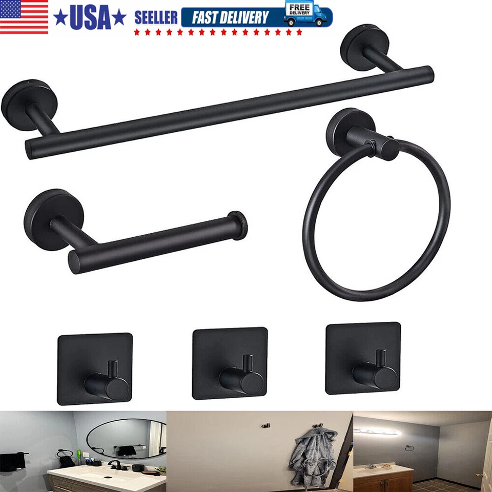 Bathroom Hardware Set 6 Pieces Matte Black Sus304 Accessories Towel Bar Hooks