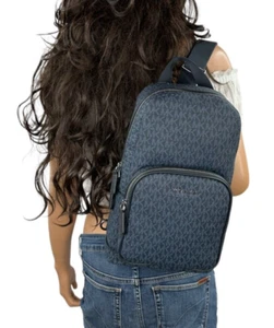MICHAEL KORS COOPER COMMUTER SLING PACK BACKPACK MK SIGNATURE ADMIRAL NAVY - Picture 1 of 16